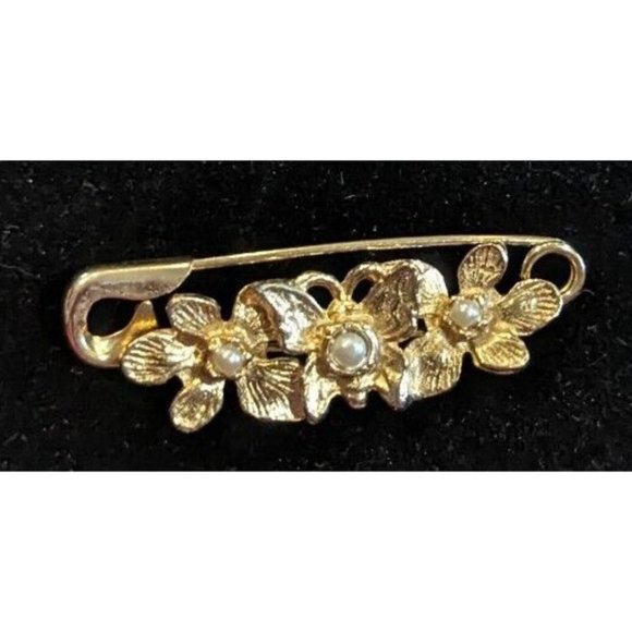 Vintage Triple Flower Gold Tone Faux Pearl Brooch Pin 1.5" - Picture 3 of 6